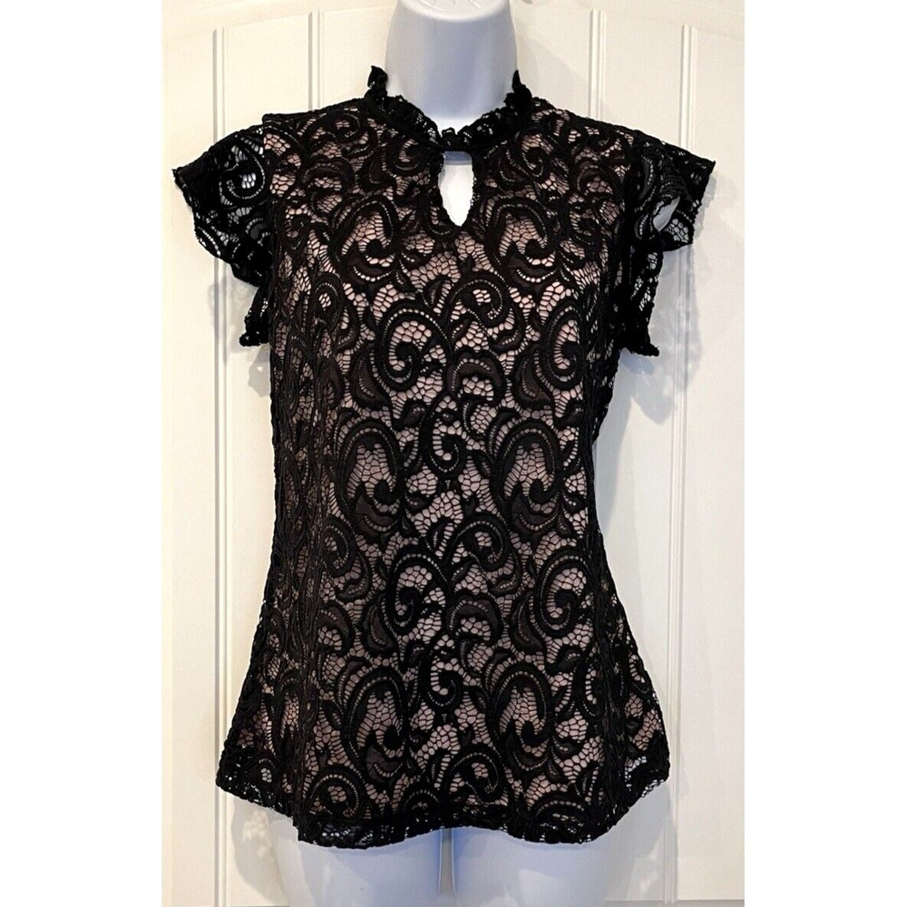 Perseption Concepts Womens Small‎ Black Lace Pink Lining Short Sleeve Blouse Top